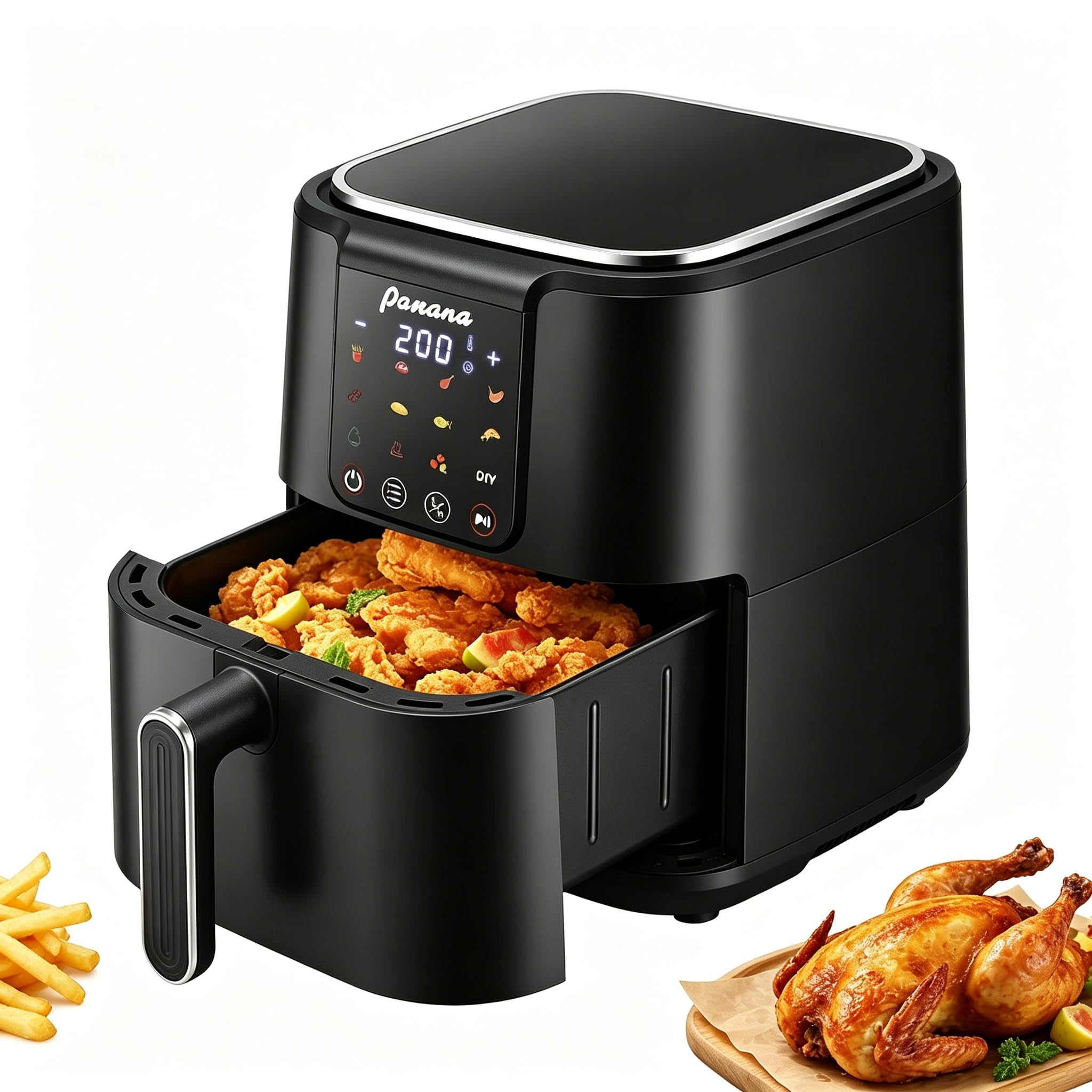 Panana Large 6L Air Fryer,Digital 12 Preset Menus, Adjustable Timer, 40-200°C Temperature Control, Non-Stick Basket, 1500W Oven Low Fat Oil Free Healthy Frying Cooker (Black, 6L)