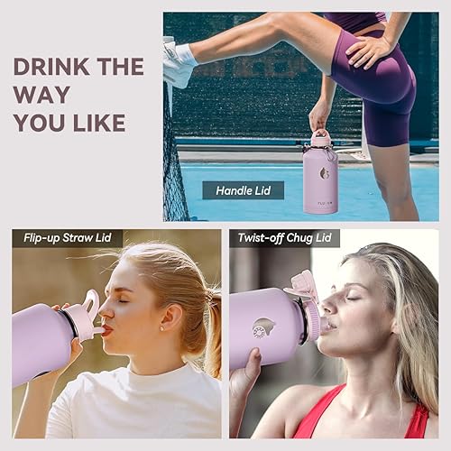 Miniatura 4 de Botella de agua aislada de 64 onzas con popote y asa, botella de agua de medio galón de acero inoxidable de doble pared al vacío para mujeres, 3
