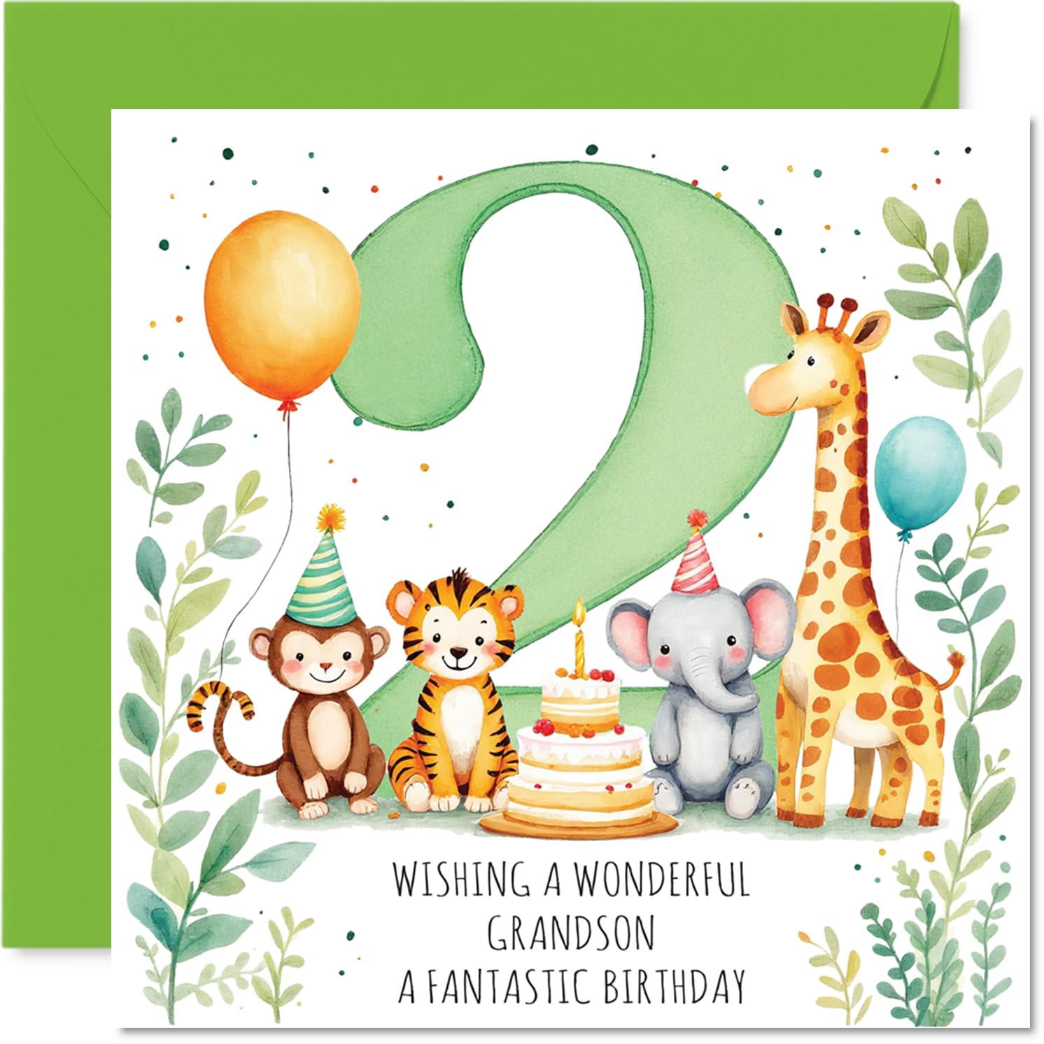 Playful 2nd Birthday Card for Grandson - Bursting with Birthday Fun - Cute Animals, Colourful Balloons and Cake in a Lively Celebration Scene - 145mm Square, Envelope Included