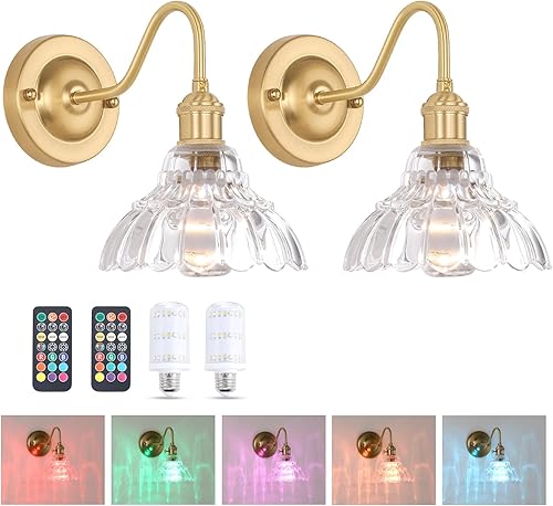 Juego de 2 apliques de pared a pilas, luces de pared recargables vintage con pantalla de vidrio transparente de lirio, lámpara de pared inalámbrica
