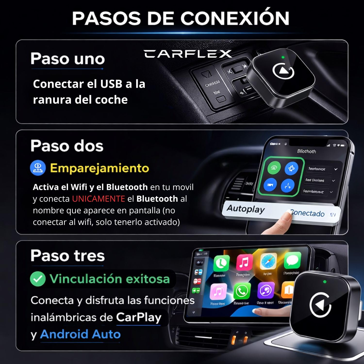 Carplay Inalambrico Android Auto Inalambrico Adaptador Carplay Inalambrico Car Play Android Auto Adaptador Inalambrico Carplay, Coches a Partir de 2014【Nueva Version 2026 】 — view 6
