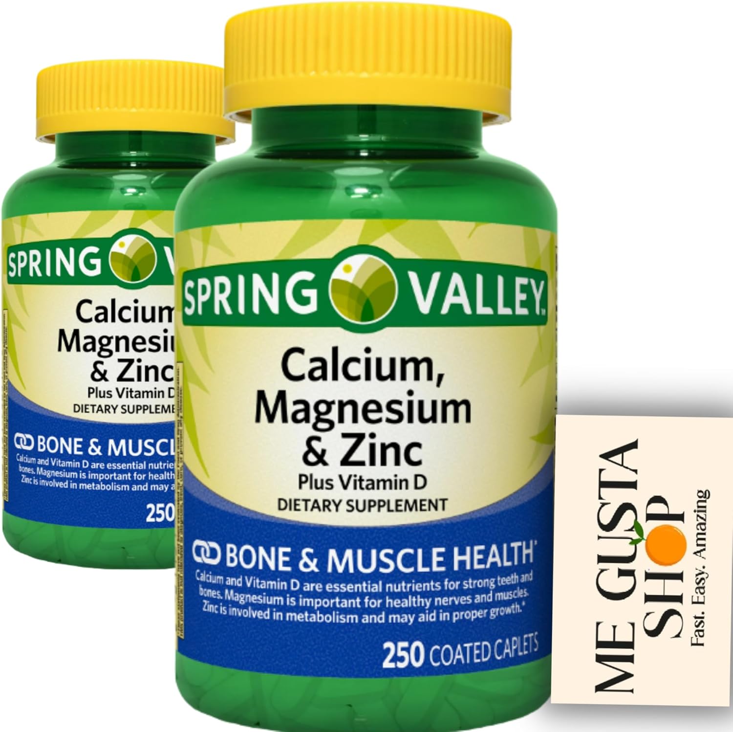Spring Valley Calcium, Magnesium & Zinc Plus Vitamin D3 Coated Caplets, 250 Count (Pack of 2) 500count Total + me Gusta Sticker