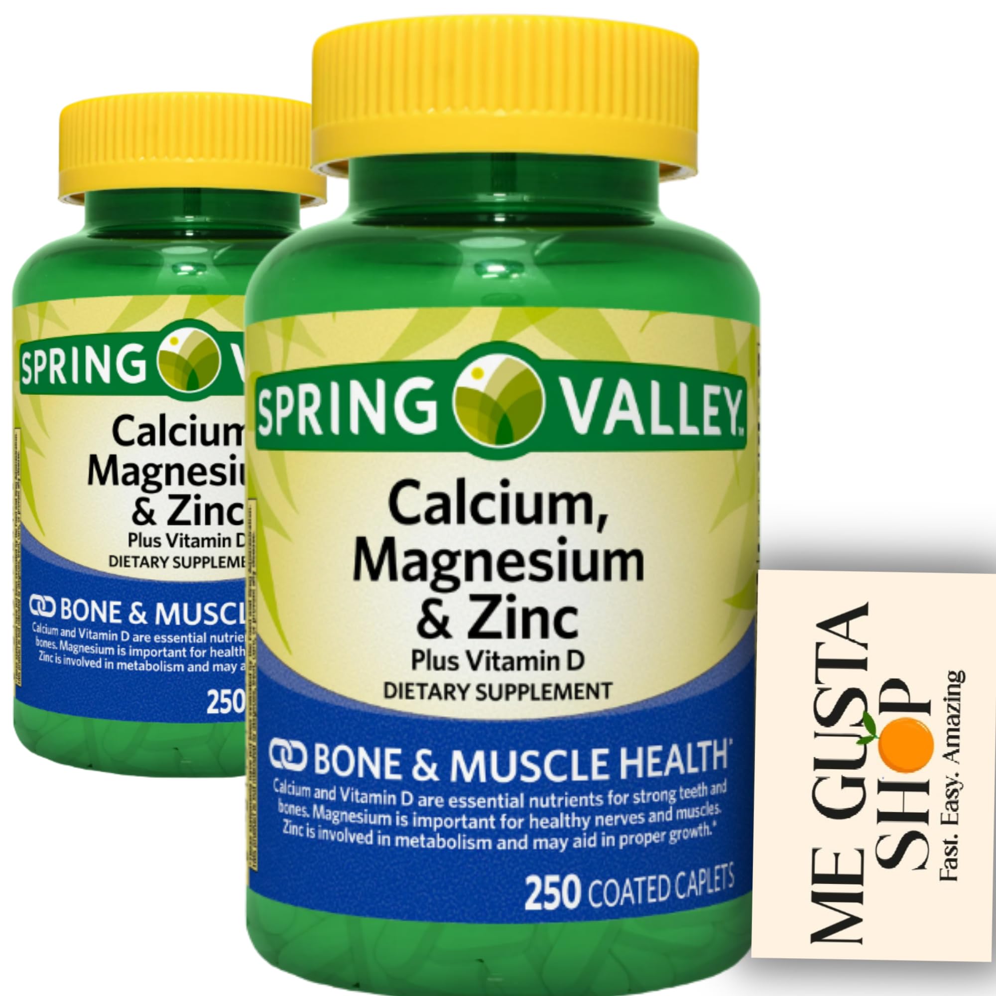 Spring Valley Calcium, Magnesium & Zinc Plus Vitamin D3 Coated Caplets, 250 Count (Pack of 2) 500count Total + me Gusta Sticker