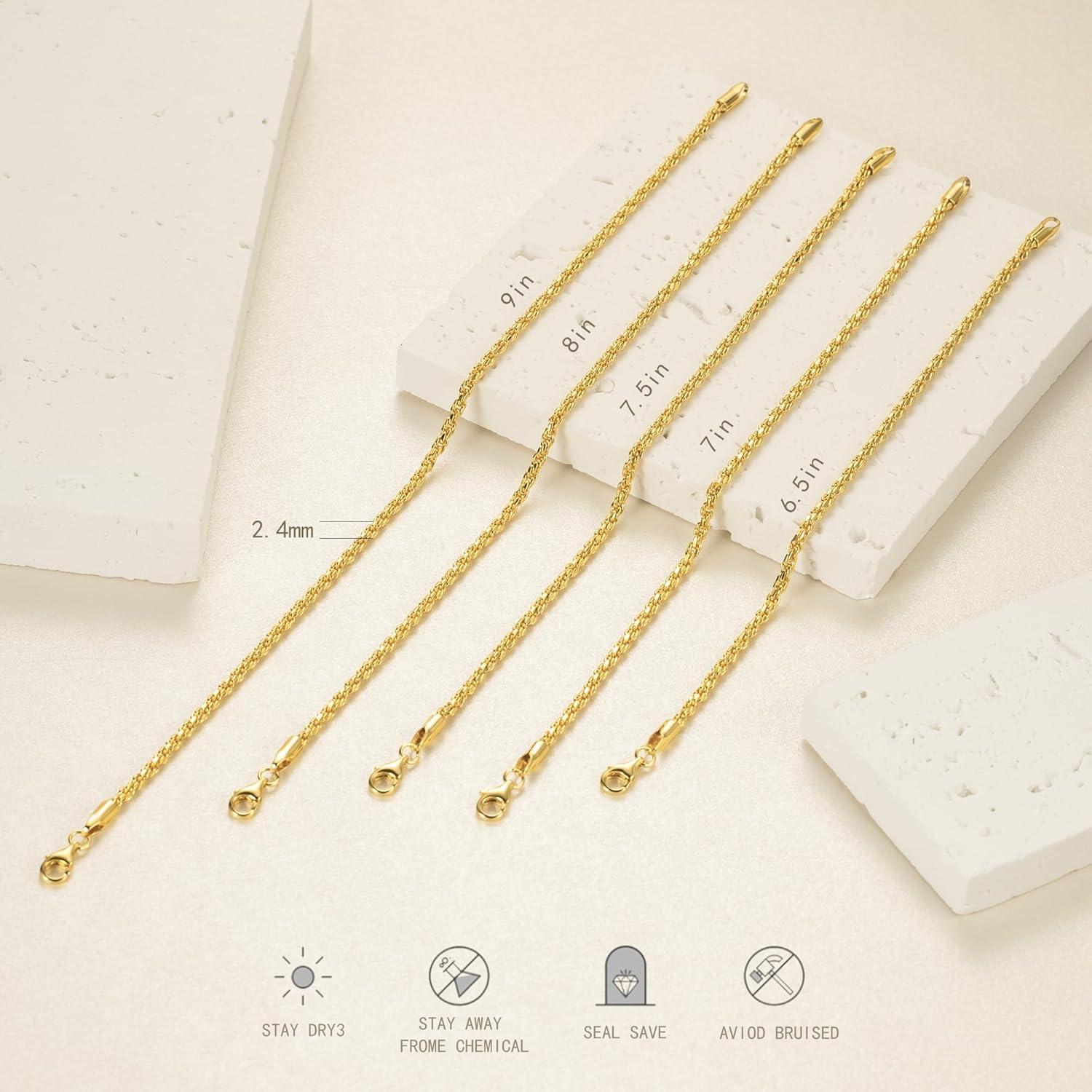 14K Gold Rope Chain Bracelet for Women and Men Dense Design Gifts Available in Sizes 6.5-9 Inches - Image 9