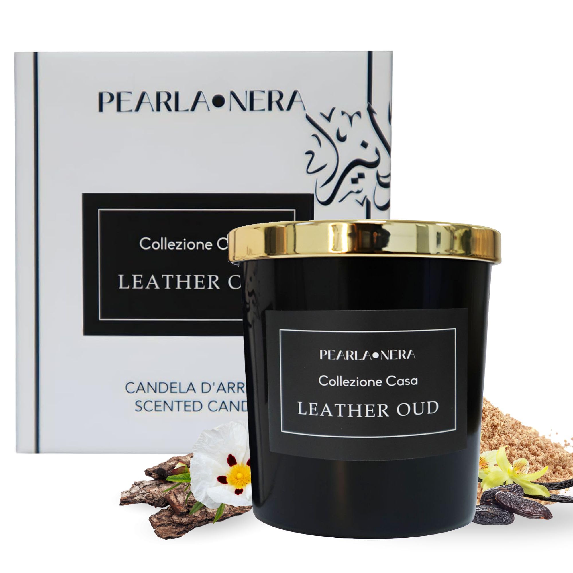 French Arabian Perfumes Black Leather Oud Scented Soy Candle By Pearla Nera| Oriental Balsamic Musk Vanilla Scented Soy Candle Long-Lasting Aromatherapy Candle Zero Emission Non-Toxic Clean Relaxation