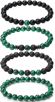 XIANNVXI Mens Malachite Bracelet Set 4PC Malachite 8mm Beads Stone Bracelets for Men Green Black Lava Rock Obsidian Crystal Stretch Beaded Bracelet for Men