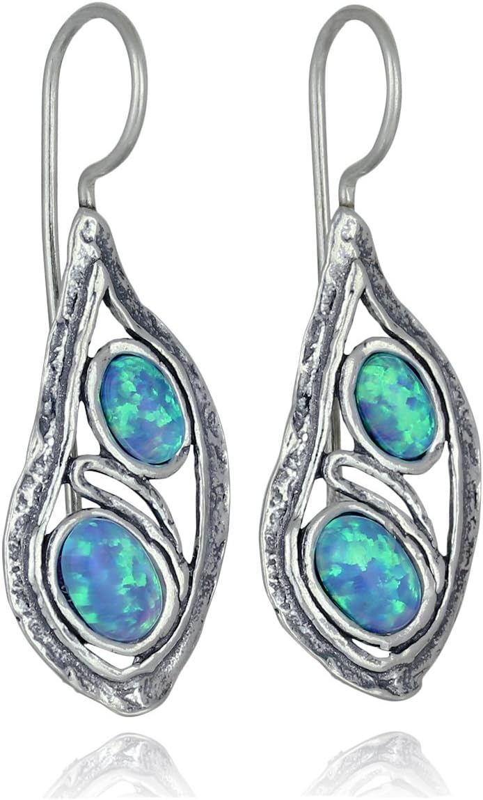 Stera Jewelry 925 Sterling Silver Unique Teardrop Earrings with 2 Created Blue or White Opal Stones