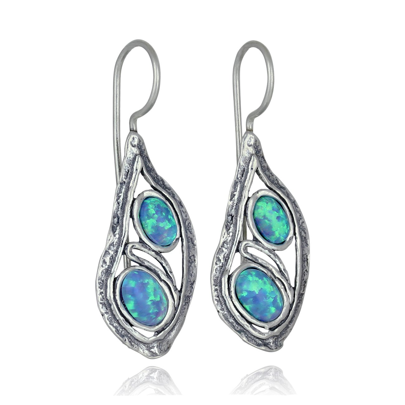 Stera Jewelry 925 Sterling Silver Unique Teardrop Earrings with 2 Created Blue or White Opal Stones