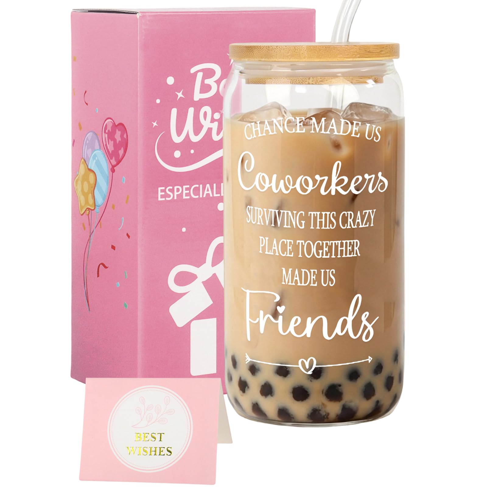 Nwvuop Leaving Gifts for Colleagues Women 16oz Glass Cup, Work Bestie Gifts for Women