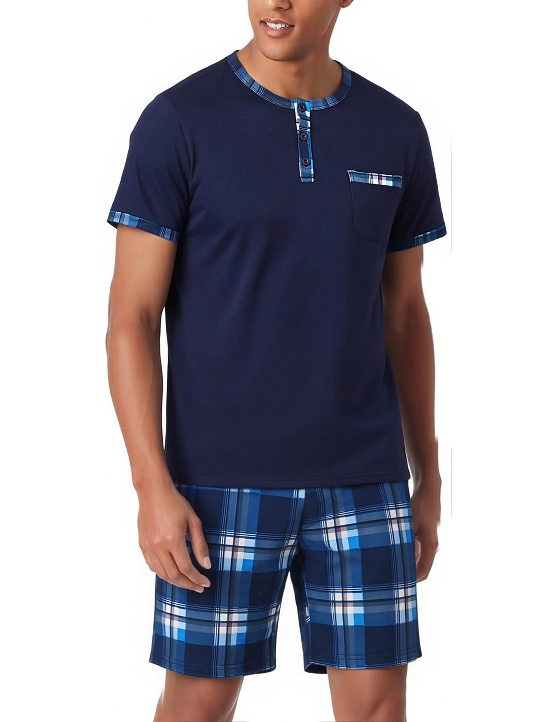 Litherday Schlafanzug Herren Kurz Baumwolle Pyjama Set Zweiteiliger Kurzarm Nachtwäsche Sommer Sleepwear