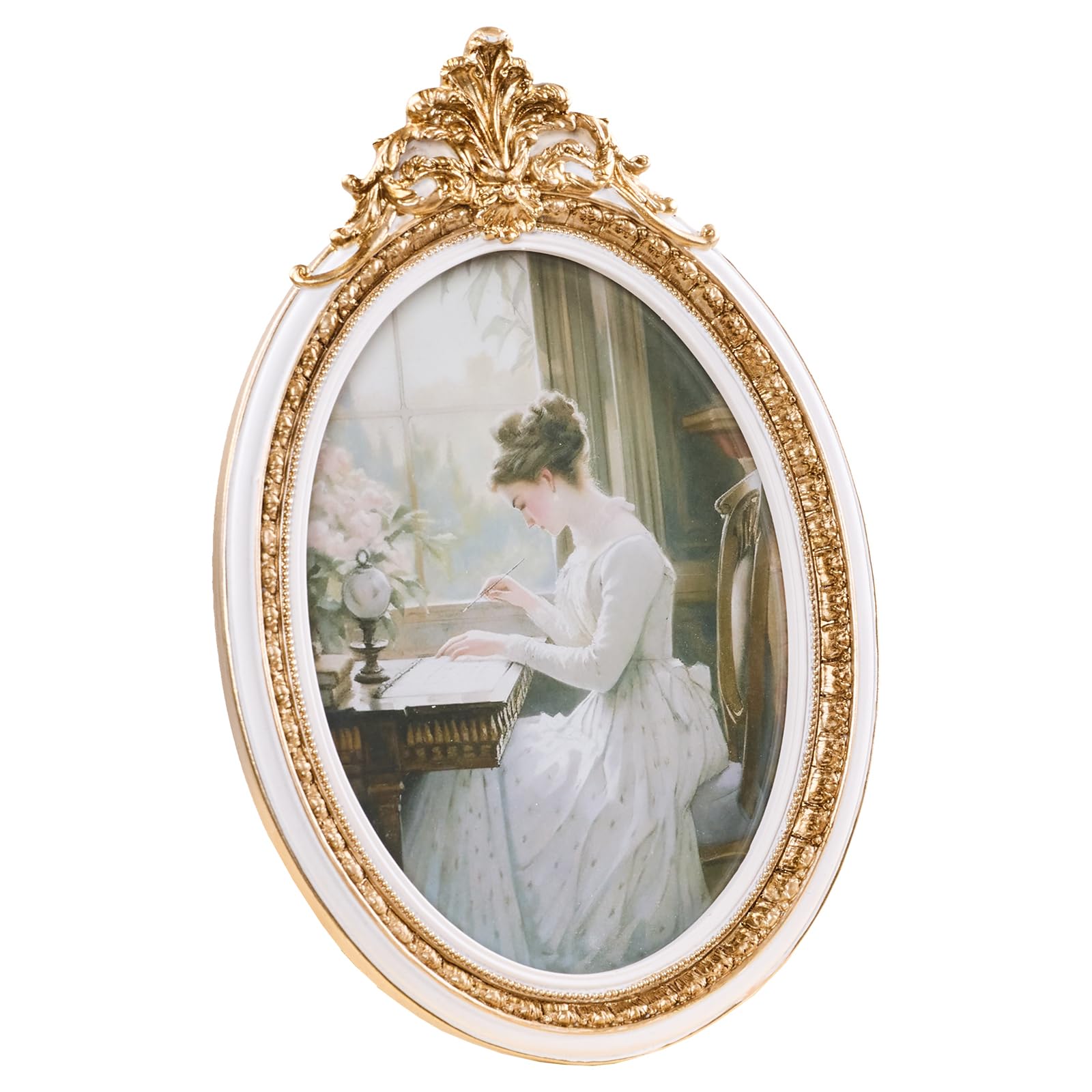 ZIHARA 5x7 Picture Frame, Ornate Antique Photo Frame, Hand-Crafted Vintage Resin Oval Table Frame, Hanging Frames with Easel, Hook & Mat, for Table