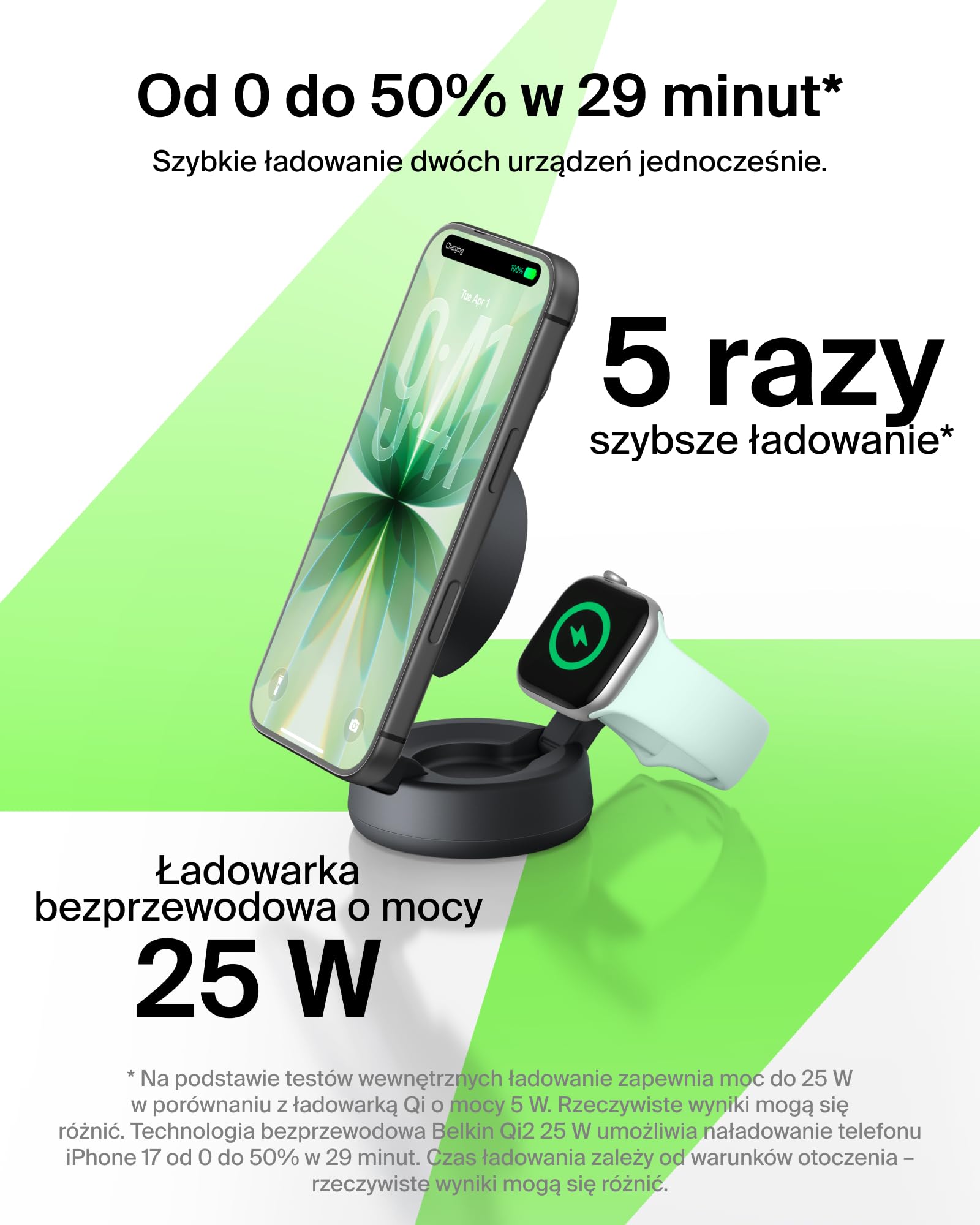Belkin UltraCharge Pro Stacja Ładująca Qi2 2 w 1, 25 W – Czarna | Zgodna z MagSafe Bezprzewodowa Ładowarka do Urządzeń iPhone, Apple Watch i Słuchawek, Certyfikat Qi2.2, z Zasilaczem 45 W