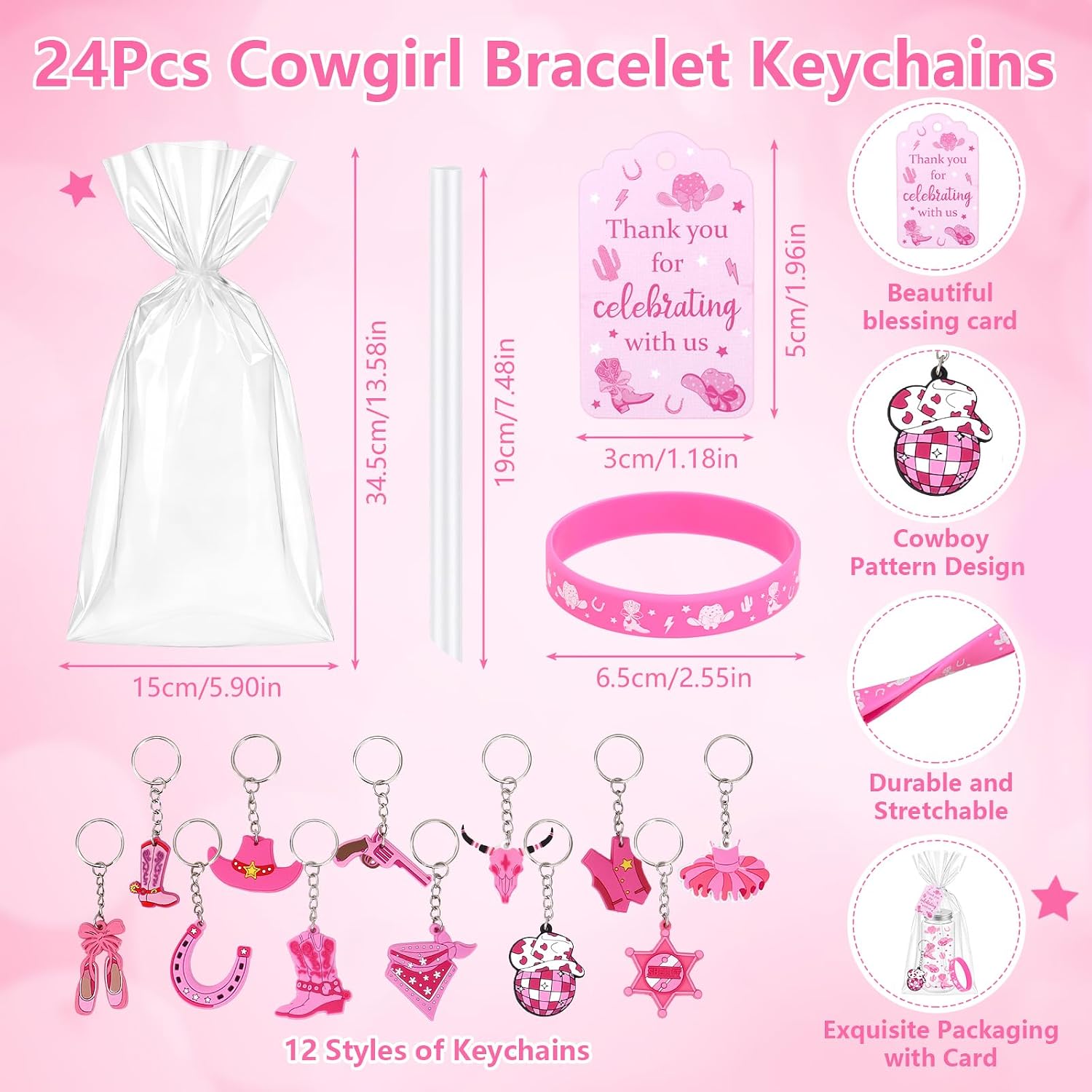 24Sets/144Pcs Western Cowgirl Party Favors Cowgirl Gift Bulk 14.2 oz Tumbler with Lids Straws Bracelets Keychains Thank You Tags for Women Hot Pink Horse Rodeo Disco Birthday Bachelorette Supplies image 3