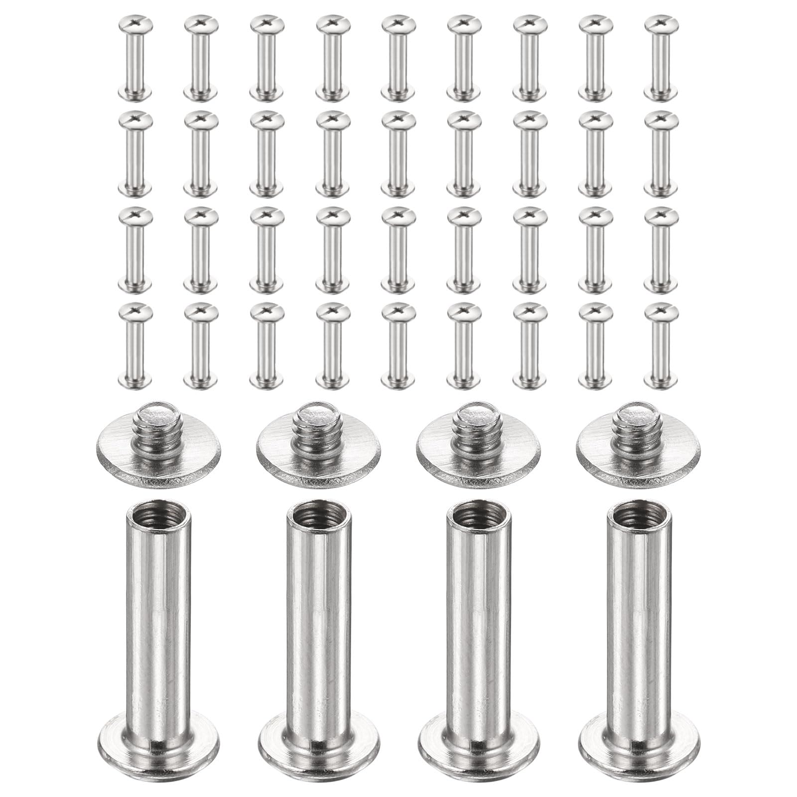 sourcing map 40set Chicago Screw M4x20mm 6mm Length Metal Phillips Nail Rivet Stud Bolts Rivets Binding Post Screw for DIY Leather Belt Bag Craft Bookbinding, Silver