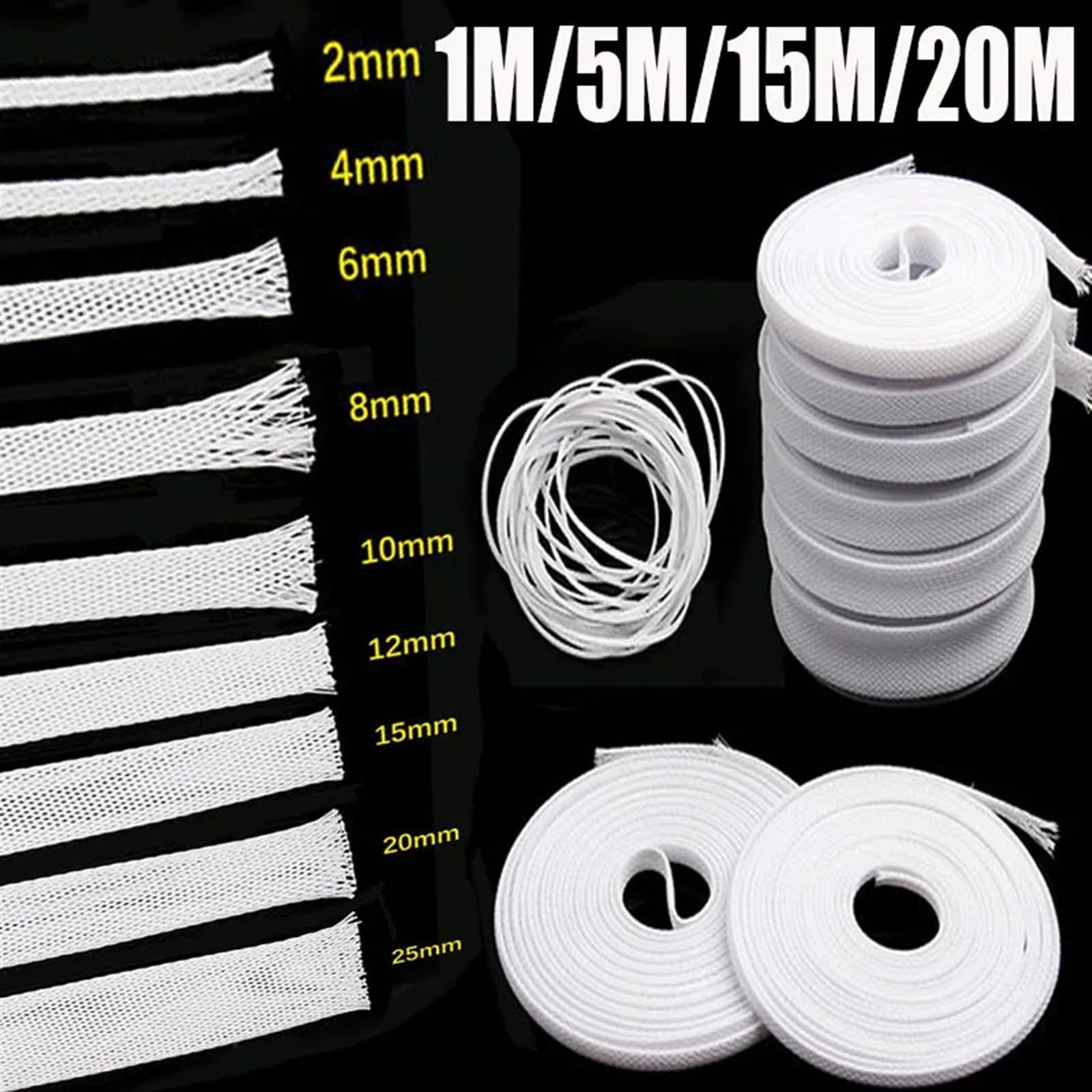 Organizador Cables Manguito Trenzado Aislado de 1/5/10/20 m, Casquillo de Cable Blanco Ajustado, Protector de Cable, Manguito de Cable expandible de 2/4/6/8/10/12/15/20/25 mm(20mm,20M)