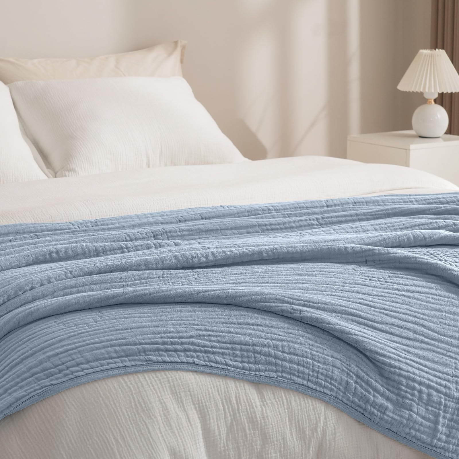 phf cooling muslin blanket queen size 90"x80", 6-layer lightweight gauze blanket made from 35% rayon derived from bamboo & 65% cotton, breathable & ultra soft cozy for hot sleepers, dusty blue