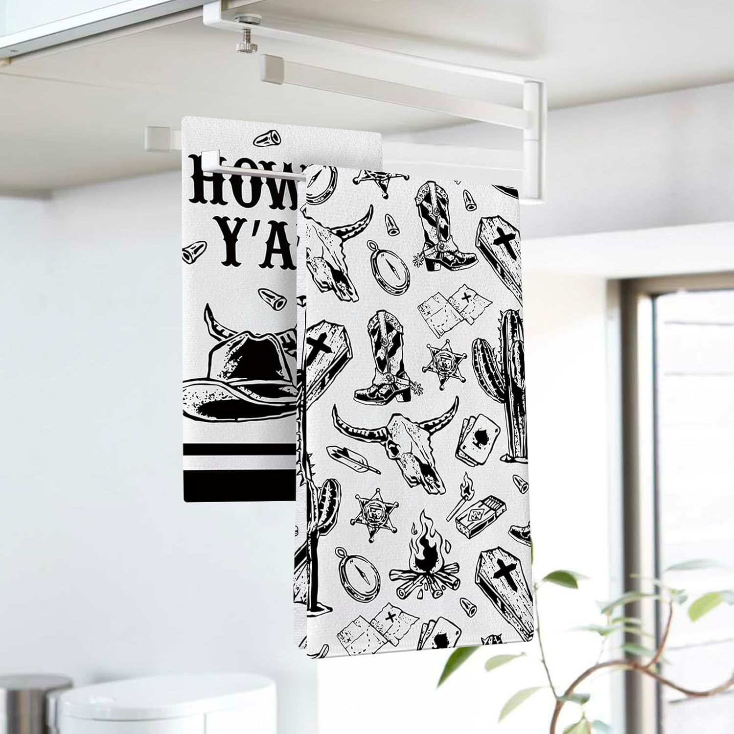 Howdy Y'All Western Cowboy キッチンディッシュタオル 2枚セット ブラック ホワイト ブル スカル