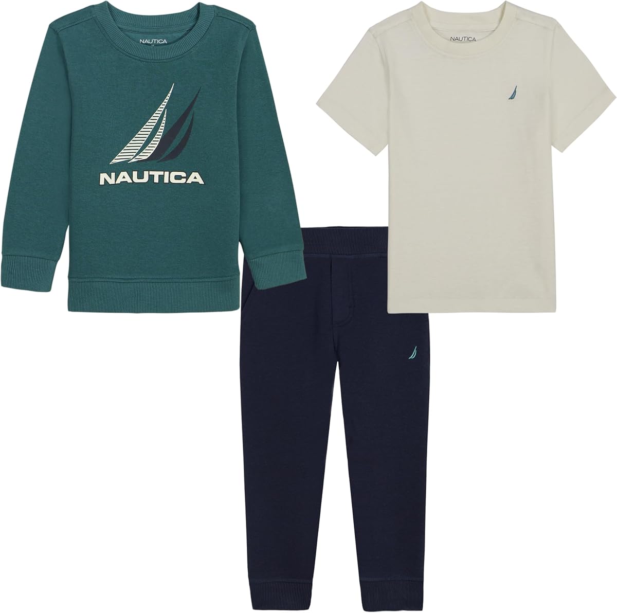 Nautica Conjunto de forro polar de 3 piezas, sudadera con cuello redondo, pantalones deportivos y camiseta de manga corta para niño