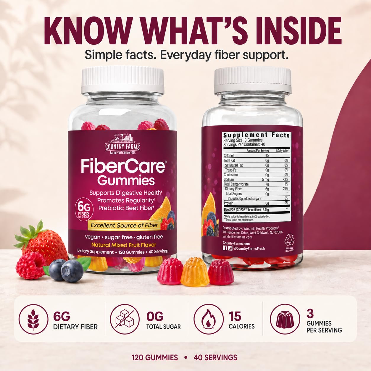 Country Farms Fiber Care Prebiotic Gummies, 6g of Fiber Per Serving, FOS from Beets, Digestive Health, Supports Regularity, Mixed Fruit Flavor — Amazon image 11