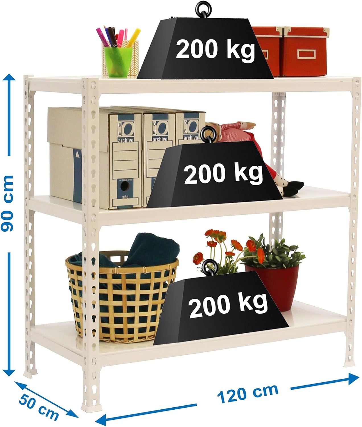 SimonRack Simonclick Metal Garage Shelving Unit with 3 Shelves, 200 kg of Flexion Point, 900 x 1200 x 500 mm, Garage Shelving Unit, No Screws, White