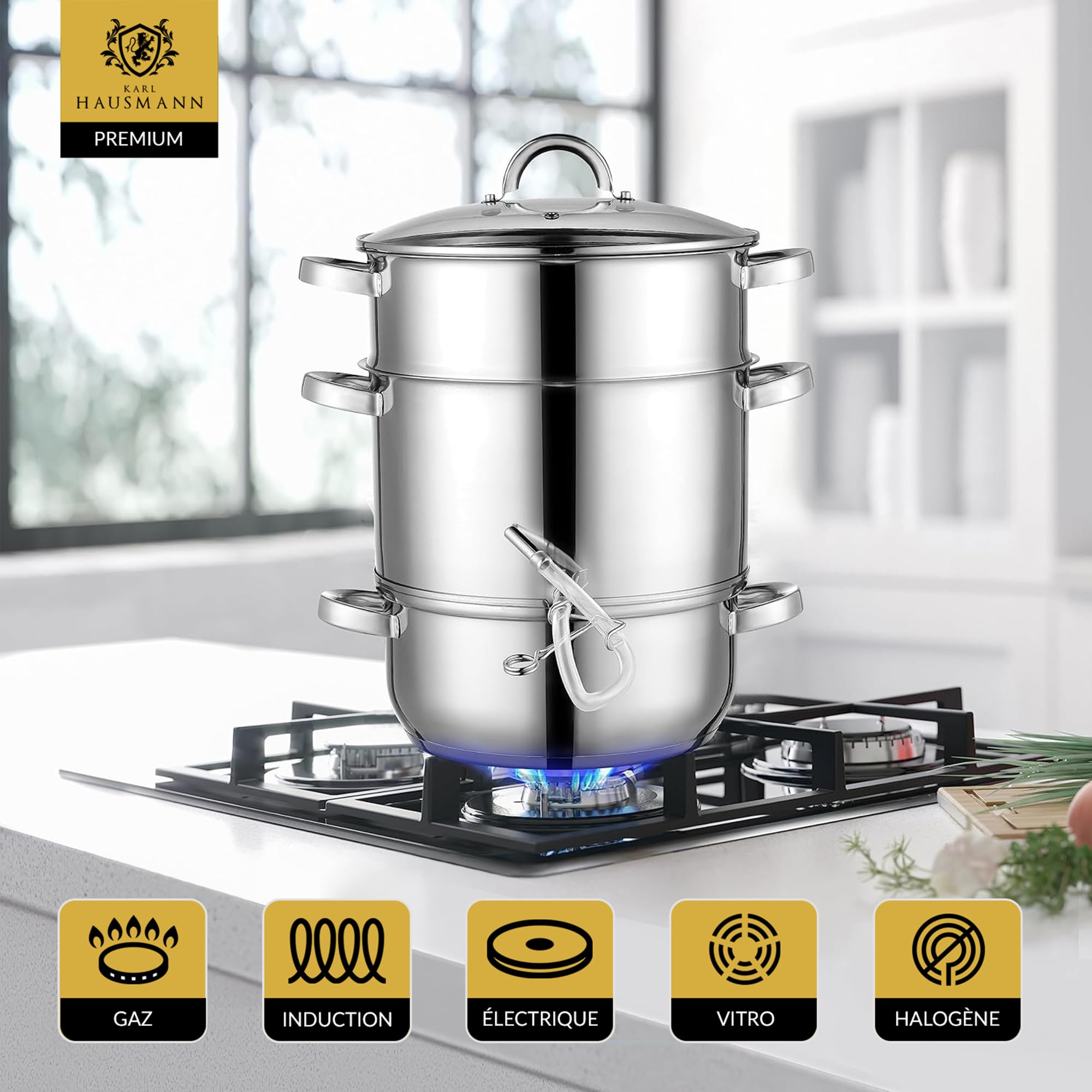 KARL HAUSMANN Extracteur de Jus Vapeur Inox 8L pour Induction, Gaz, Vitrocéramique et Électrique - Extracteur jus Fruits et Légumes Maison avec Tuyau, sans BPA, Grande Capacité