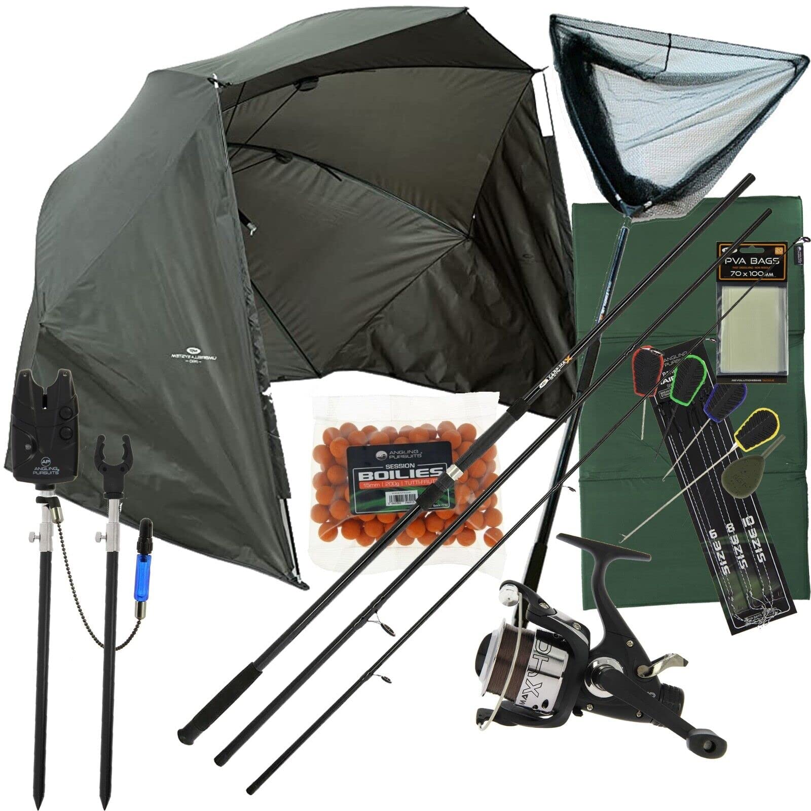 Carp Fishing Rod And Reel Setup Bite Alarms Landing Net Pod & Boilies Rigs Mat Bankstick and Brolly Complete Set