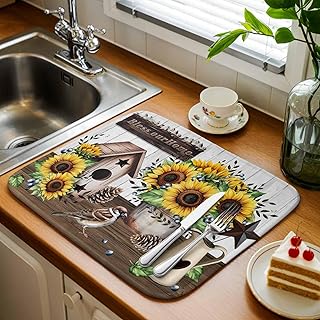 Absorbent Dish Drying Mat, Rustic Retro Wood Plank Bird Kitchen Counter Mat Dish Drying Pad Set of 1, Country Bird Sunflower Pine Cone Washable Microfiber Dishes Drainer Mats