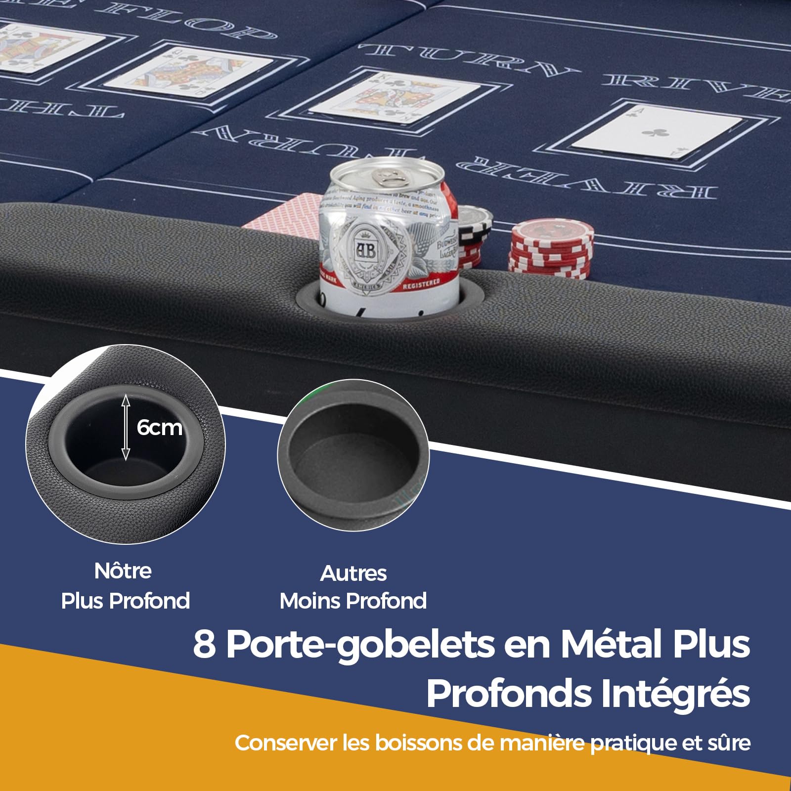 Table De Poker Pliable HOMASIS – 182 X 82 Cm – 8 Joueurs – 8 Porte-gobelets Métalliques – Assises Rembourrées Pour Soirées Jeu