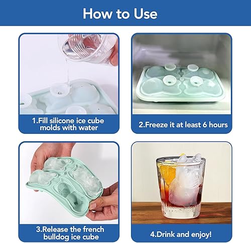 Miniatura 5 de XANGNIER Moldes de silicona para cubitos de hielo de Bulldog Francés, 4 agujeros 3D con formas divertidas, bandeja grande para cubitos de hielo para