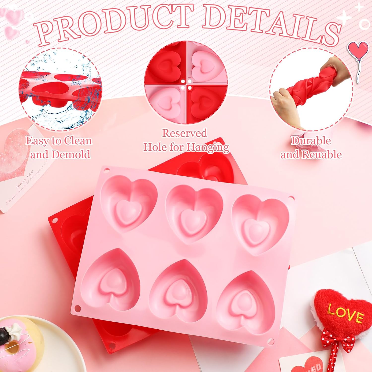 4 Pcs 3D Heart Silicone Mold Bulk 6 Cavity Easy Demold Baking Pan for Love Shaped Pudding Chocolate Cake Candy Resin Soap Valentine Wedding Gift - Image 4