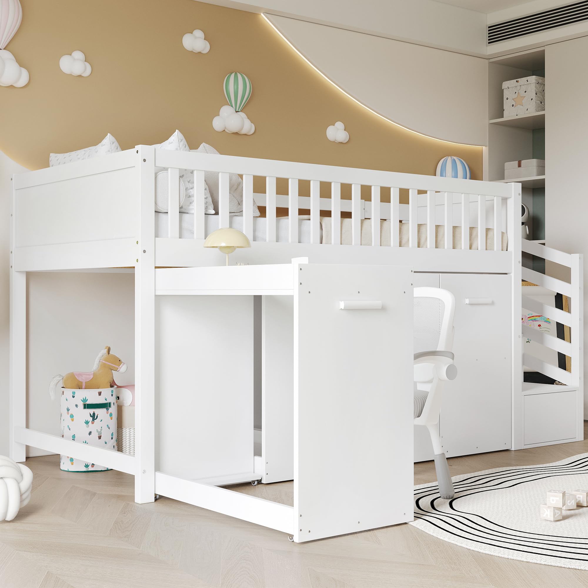 90x200cm, Weiß,Etagenbett, Multifunktionsbett, Hochbett mit Schreibtisch und Schrank, Ausziehbarer Schreibtisch Kinderhochbett, Bett mit Schreibtisch, Kinder Bett