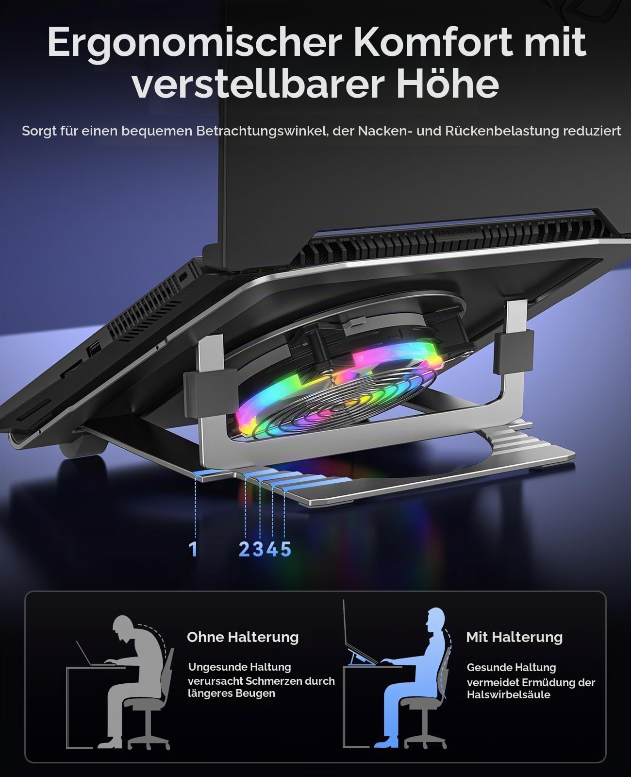 ORICO Laptop Ständer aus Aluminium mit USB-Lüfter, Ergonomisch, Höhenverstellbar und Klappbar für Laptops bis 17 Zoll, RGB – NSF1, Silber