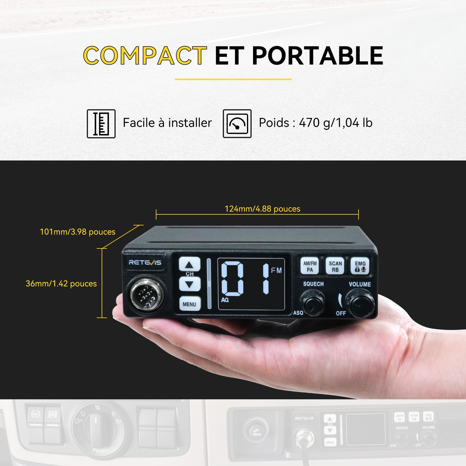 Retevis MB63 Radio CB Mobile Kit Complet avec Antenne AM/FM/PA Écran LCD VOX SQ/ASQ EMG CH9/19 Noir