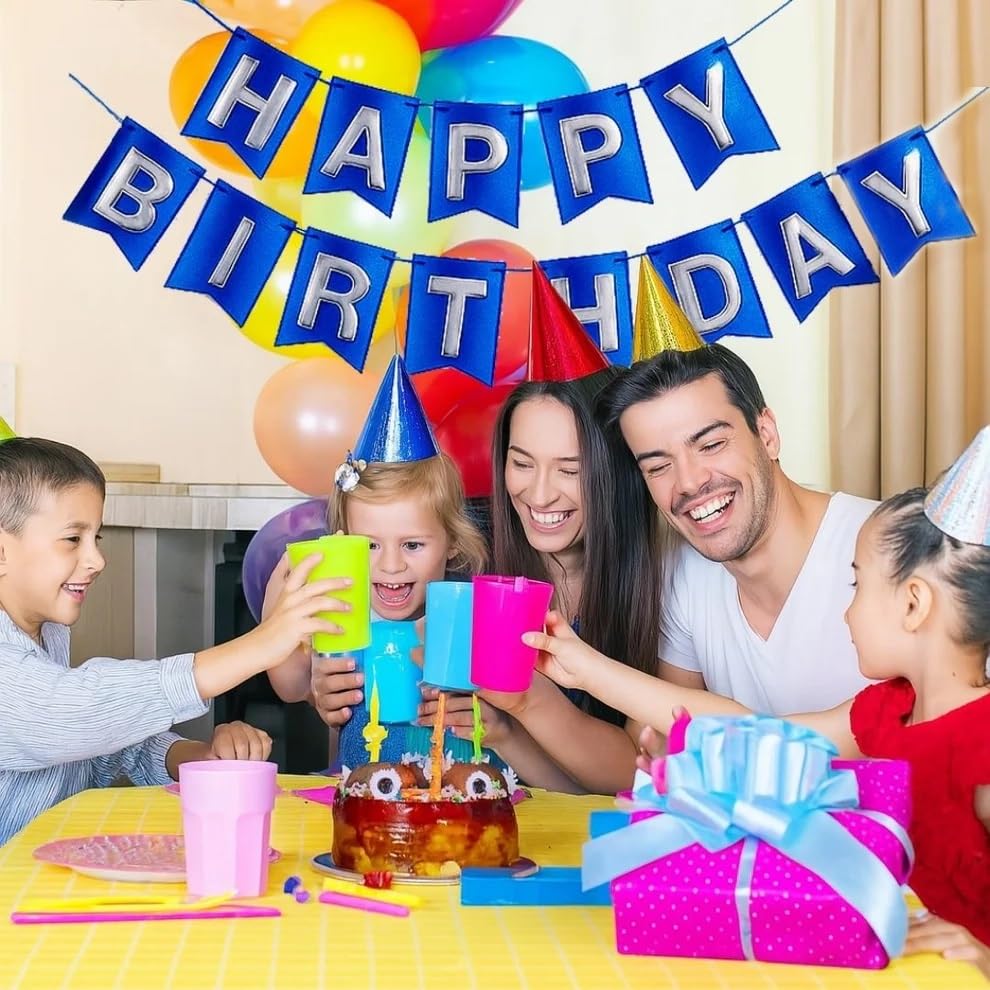 Image of Wanna Party Metallic Blue Happy Birthday Banner,Navy Blue and Silver Party Decorations Sigh for Birthday Decor,Backdrop for Birthday Decoration Items for Kids & Adults (Paper)
