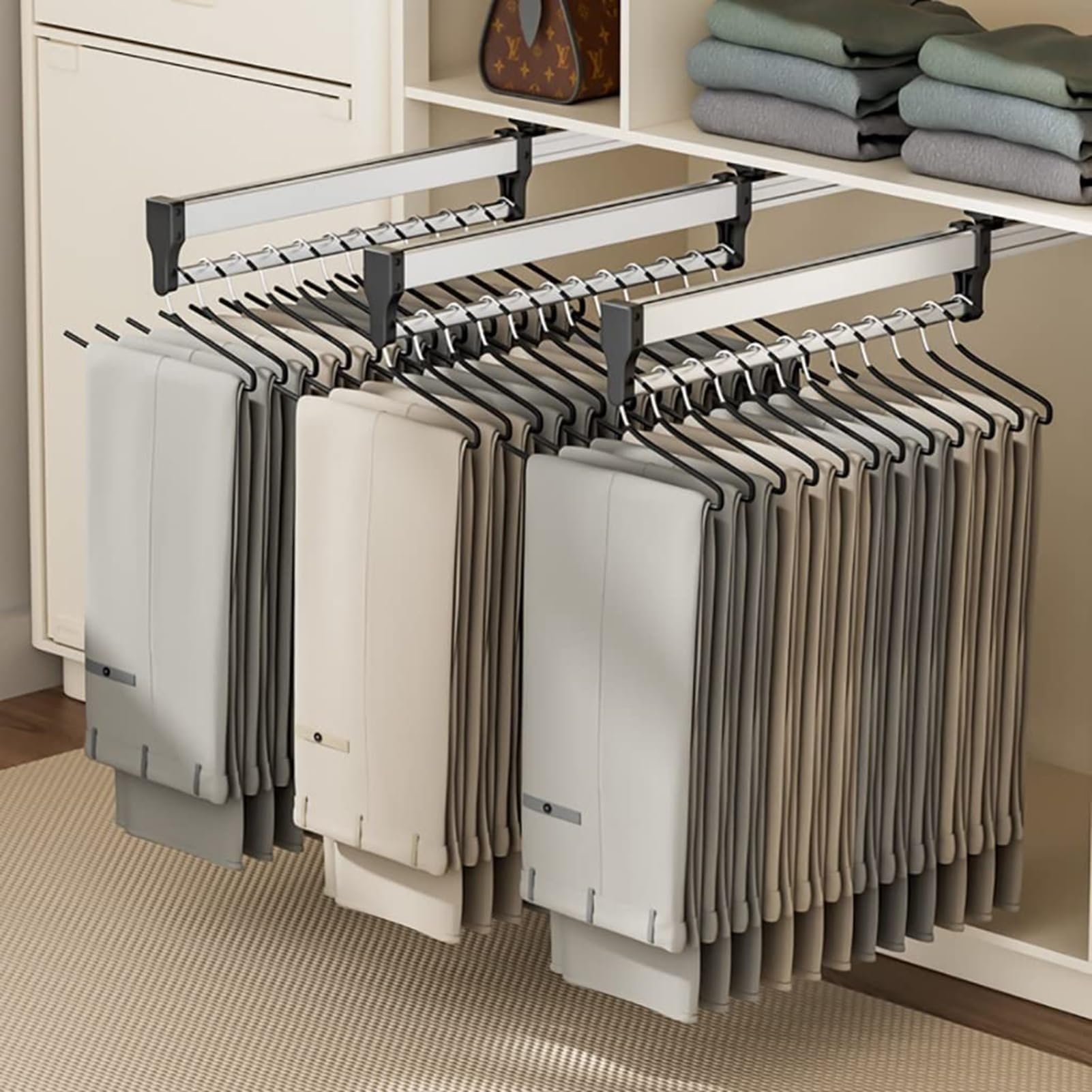 Extendable Pull Out Closet Rod - Load 25kg Wardrobe Pull-Out Trousers Rack, 30-80cm Pull Out Closet Clothes Rail Black Extendable Closet Rod(3PCS,55CM)