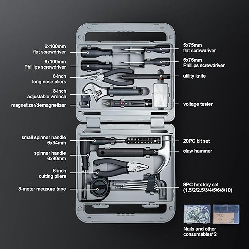 Miniatura 3 de Growneer Juego de herramientas, kit de herramientas para el hogar de 241 piezas con herramientas de metal duraderas para reparación del hogar,