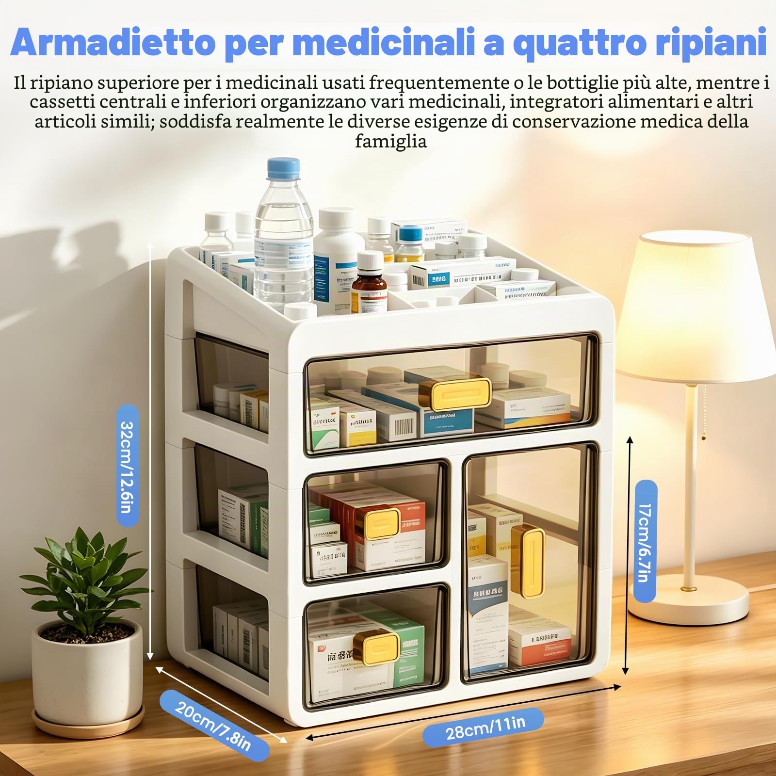 Organizer per armadietto medicinali a 4 ripiani, con cassetti trasparenti, armadietto farmacia domestica, grande contenitore per farmaci, cosmetici, vitamine (bianco)