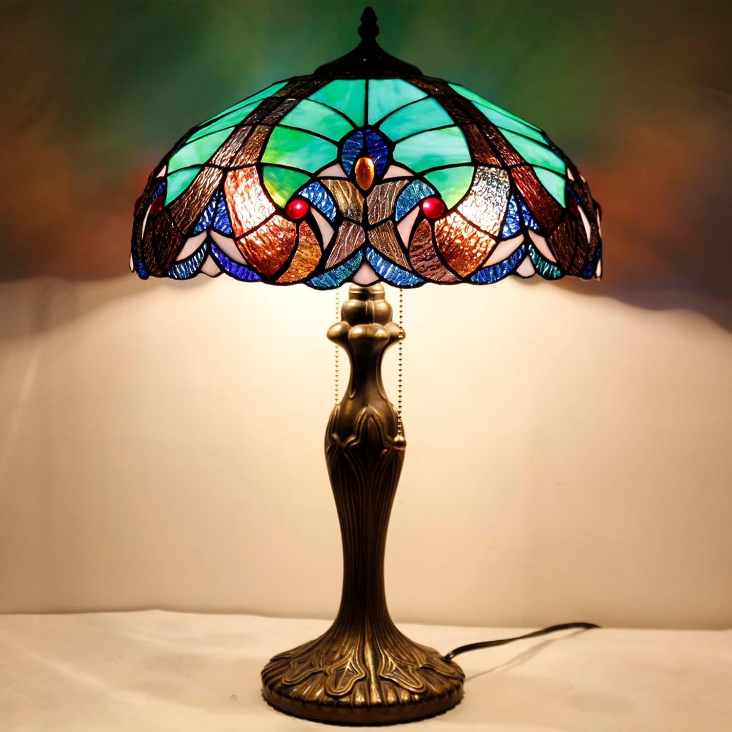 WERFACTORY Tiffany Style Lamp Green Liaison Stained Glass Bedside Table Lamp 16X16X24 Inches Desk Light Metal Base Decor Bedroom Living Room Home Office S160G Series Teal Purple