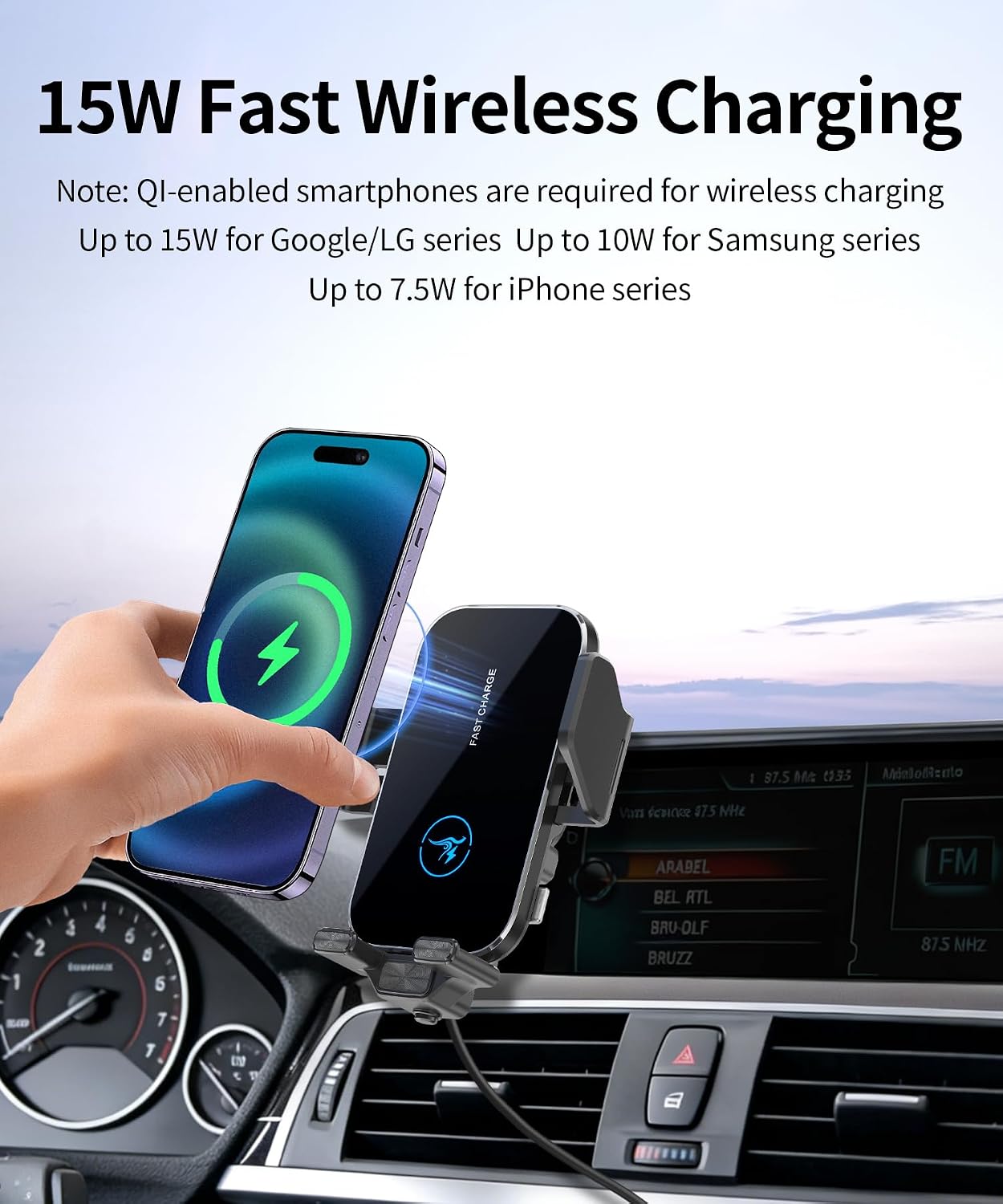 15W Wireless Fast Charger for BMW 3 Series 2012-2018/4 Series 2014-2020/2 Series 2014-2021 Accessories 8.8 inch Screen Fixed Clip, Interior Decoration Mobile Phone Mount, 360° Rotation