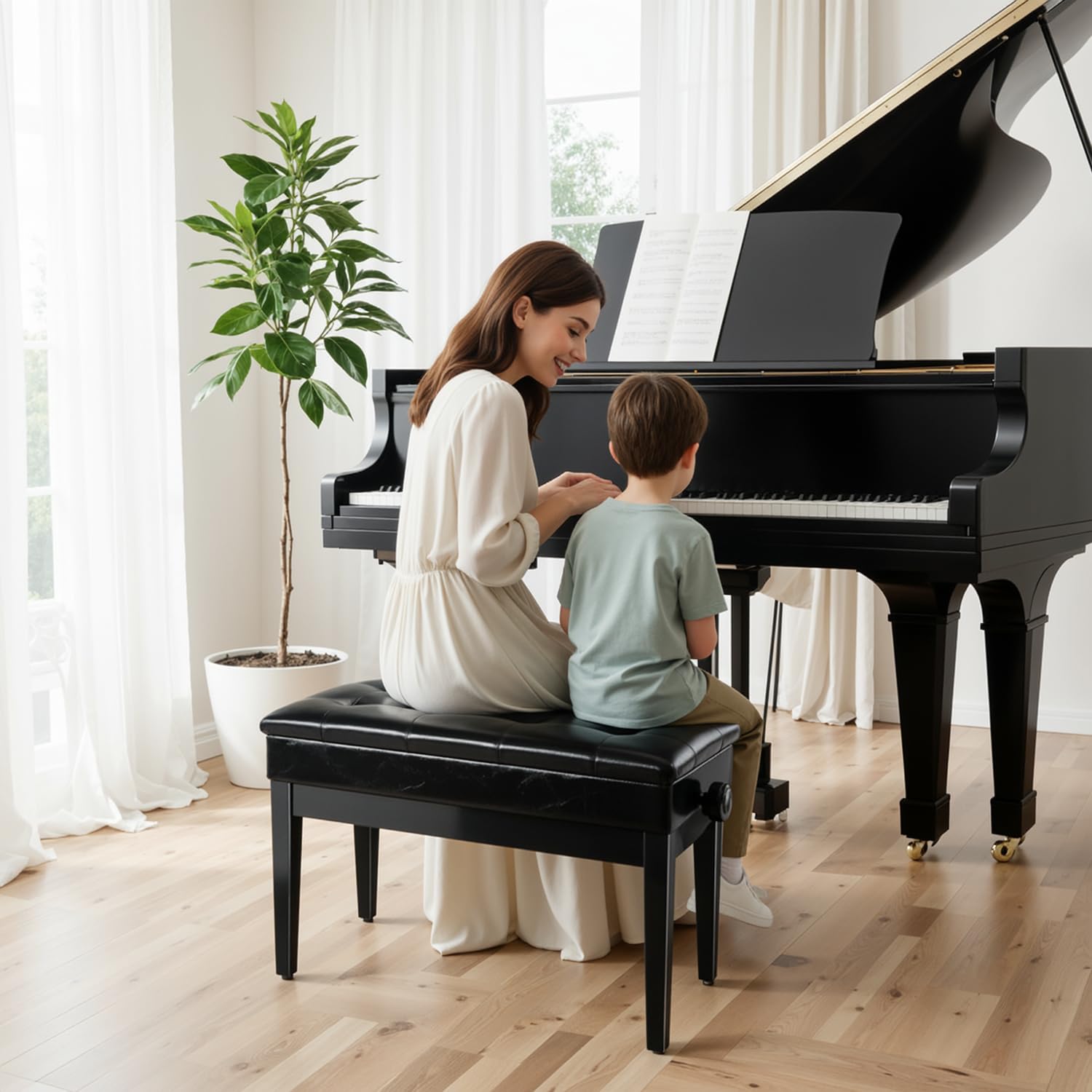 MAMIZO Sgabello Pianoforte Regolabile in Altezza 2 Persone 73x35x48-58CM, 4 PCS Gambe in Legno Massello Sgabello Tastiera, Panca Pianoforte con Archiviazione, Sgabello Pianoforte Max 200KG, Nero