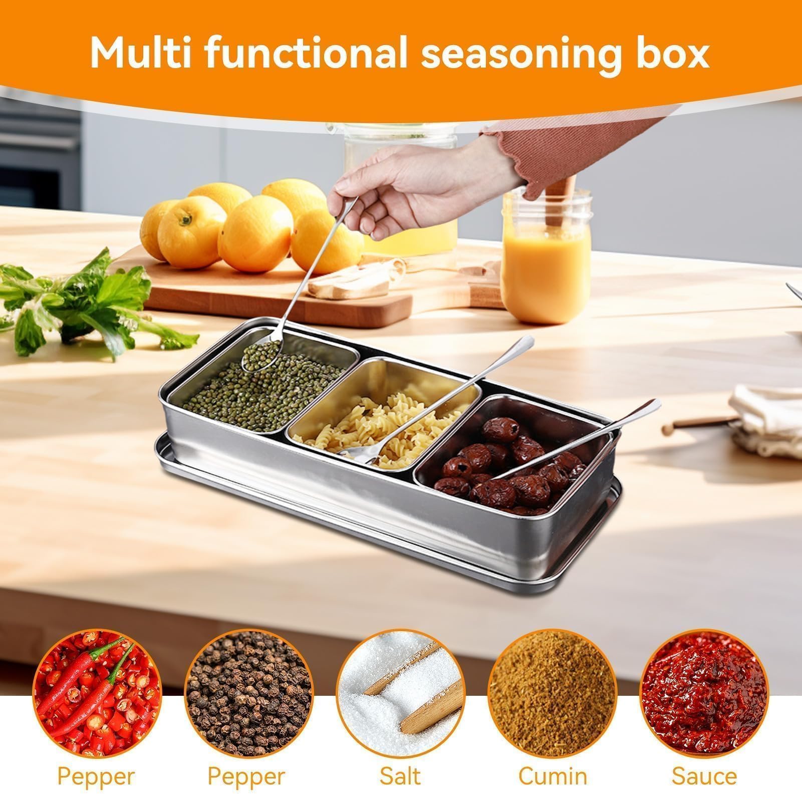 Set di contenitori per condimenti in acciaio inox, con 3 scomparti, per spezie, sale, zucchero, utensili da cucina e condimenti, con coperchio per cucchiai