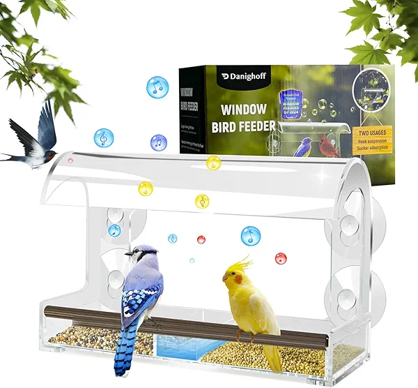 Window Bird Feeder with Hanging and Enhanced Suction Cups, Transparent Birds Feeders for Outdoors, Perfect Watching Gifts for Cats Kids, Easy-to-Clean, Multiple Bird Types, Garden Decor