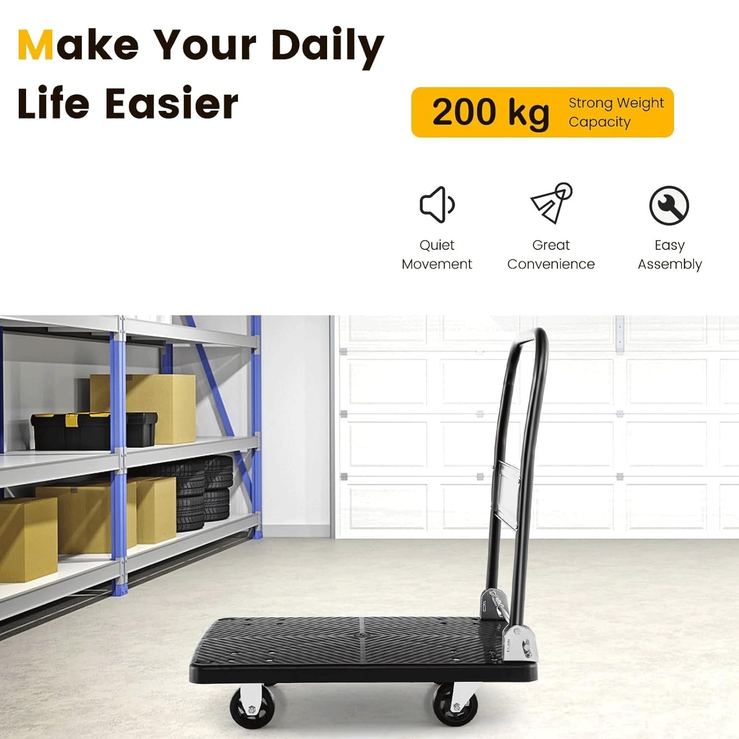 Carrello pieghevole resistente, capacità di carico 200 kg, ampia piattaforma con superficie antiscivolo e rotelle, ideale per magazzini, traslochi e trasporto merci