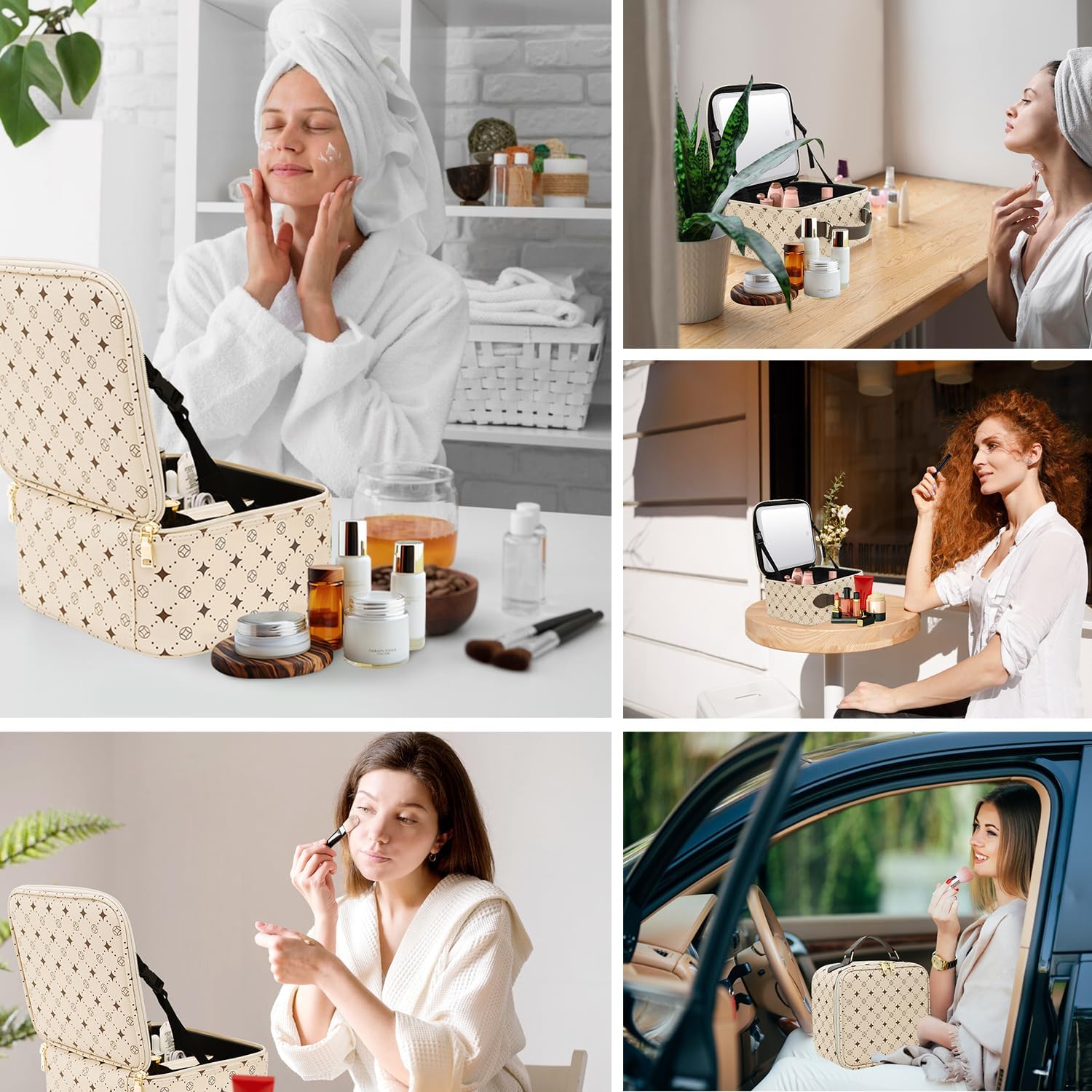 Travel Makeup Bag With 360° rotating LED Mirror,Waterproof cosmetic organizer,Portability Cosmetic case,Makeup organizer,Gift for Women,Girls Gift (Beige + Brown) - Image 9