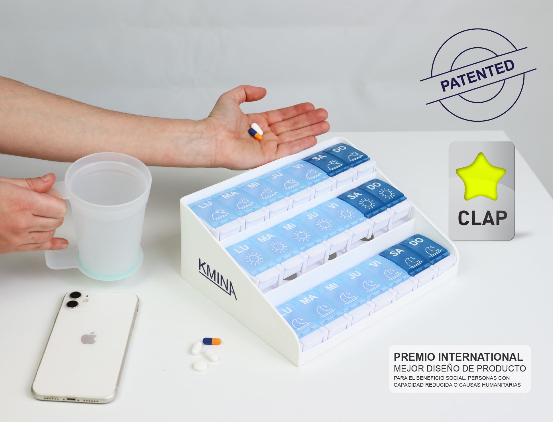 KMINA Pastillero Semanal 3 Tomas Español, Grande, Organizador de Medicamentos, Patentado - Fabricado en España