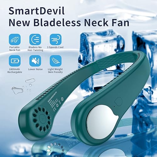 Miniatura 2 de SmartDevil - Ventilador de cuello portátil sin aspas, manos libres, ventilador personal recargable, a pilas, colgante, enfría 360, 3 velocidades, 48