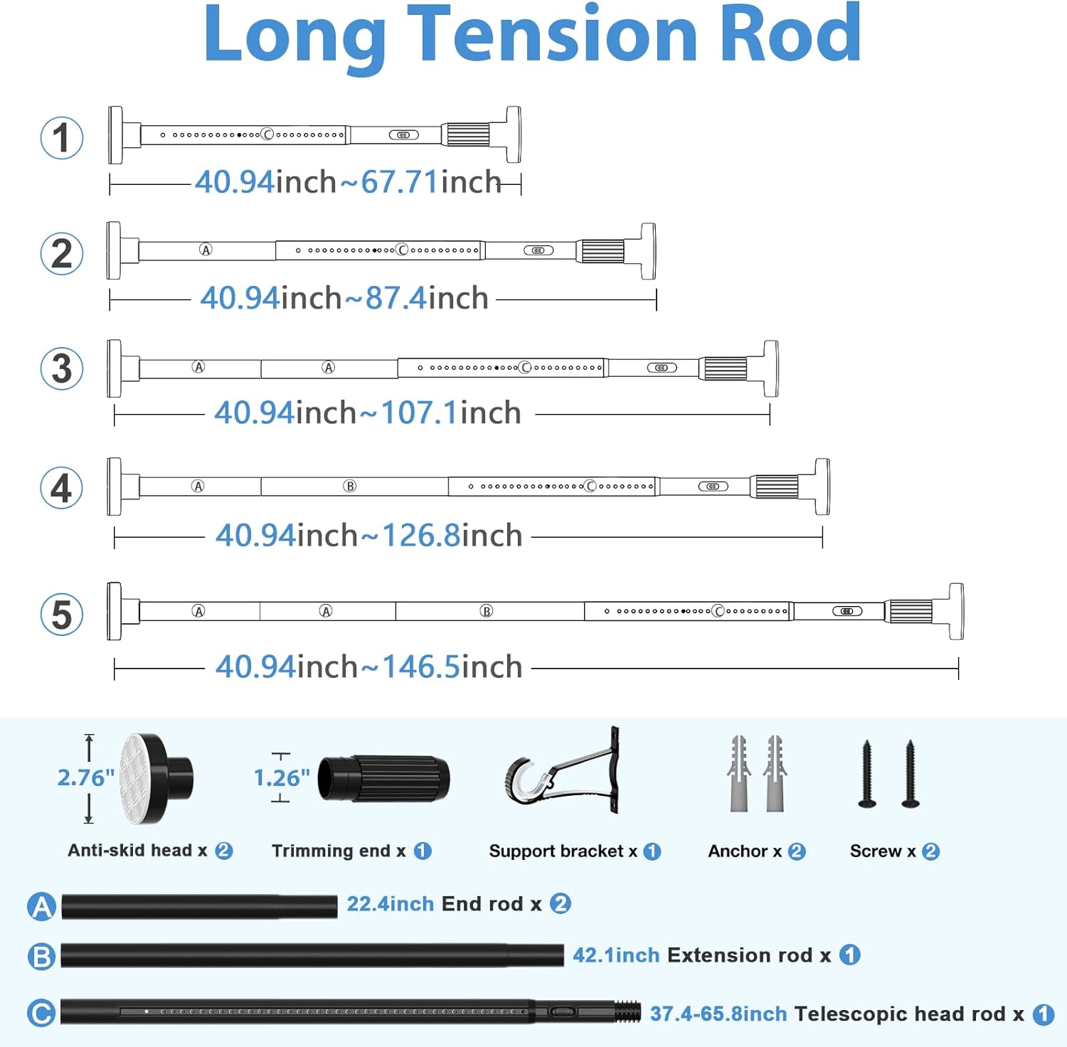 Long Tension Rod 41-144inch Black Tension Curtain Rods no Drilling 1.26" Diameter Adjustable Outdoor Curtain Rod for Windows,Shower,Patio,Doorway,Heavy Duty Spring Rods