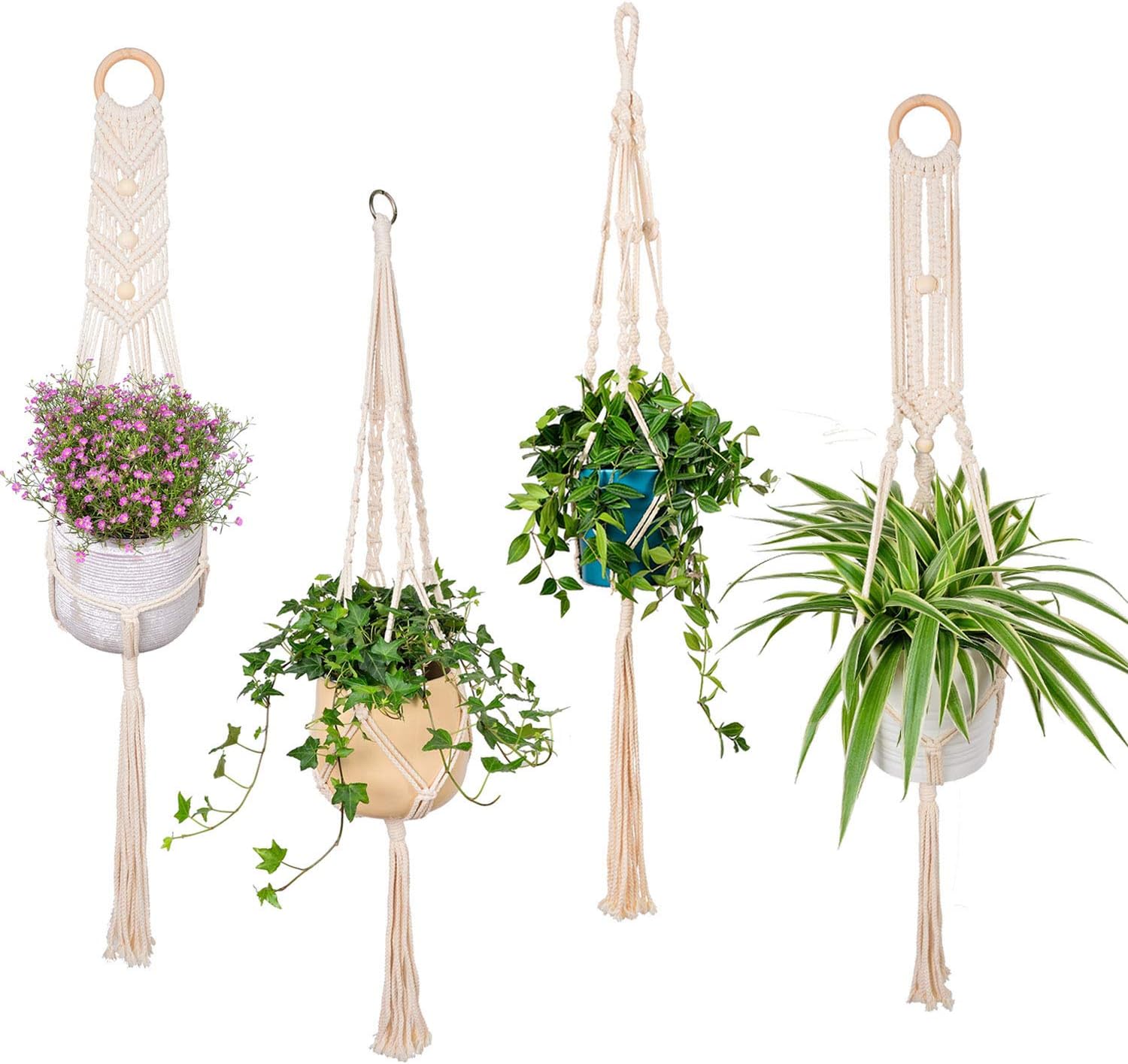Macrame Plant Hangers,Handmade Cotton Plant Hanger, Indoor Outdoor Hanging Planter in Different Designs,Modern Boho Home Decor(4 Pack)