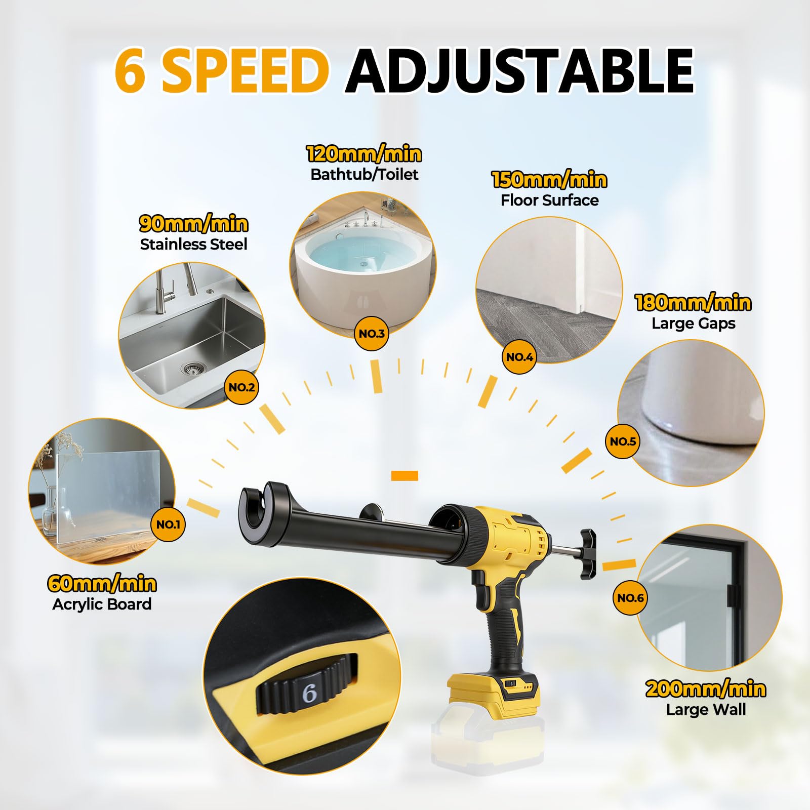 Pistola per sigillatura senza fili per Dewalt, applicatore elettrico per pistola sigillante siliconica per cartucce da 300 ml con 6 velocità regolabili, display digitale, luce LED e antigoccia per