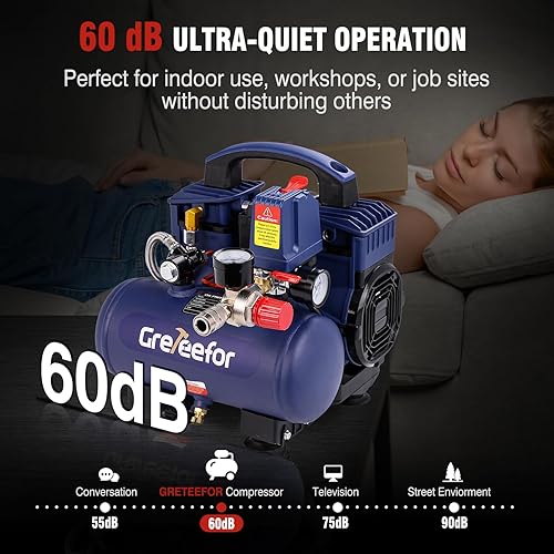 Miniatura 3 de Compresor de aire, 1 galón ultra silencioso portátil 60 dB, llenado rápido de 13 segundos, compacto de 1 galón, sin aceite para inflar neumáticos,